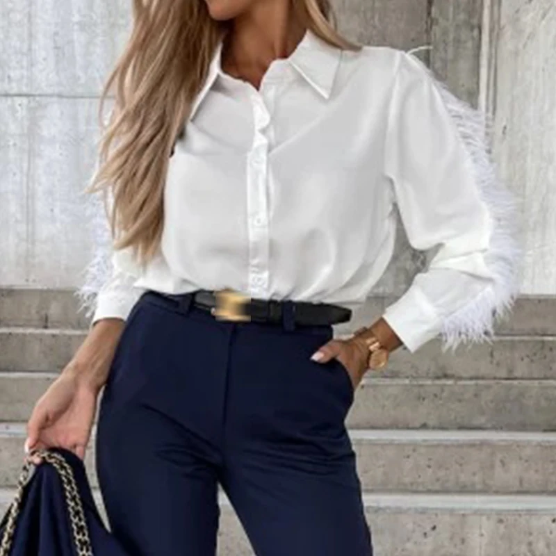 Осенняя Повседневная Лоскутная Блузка с перьями рубашки женские модные топы