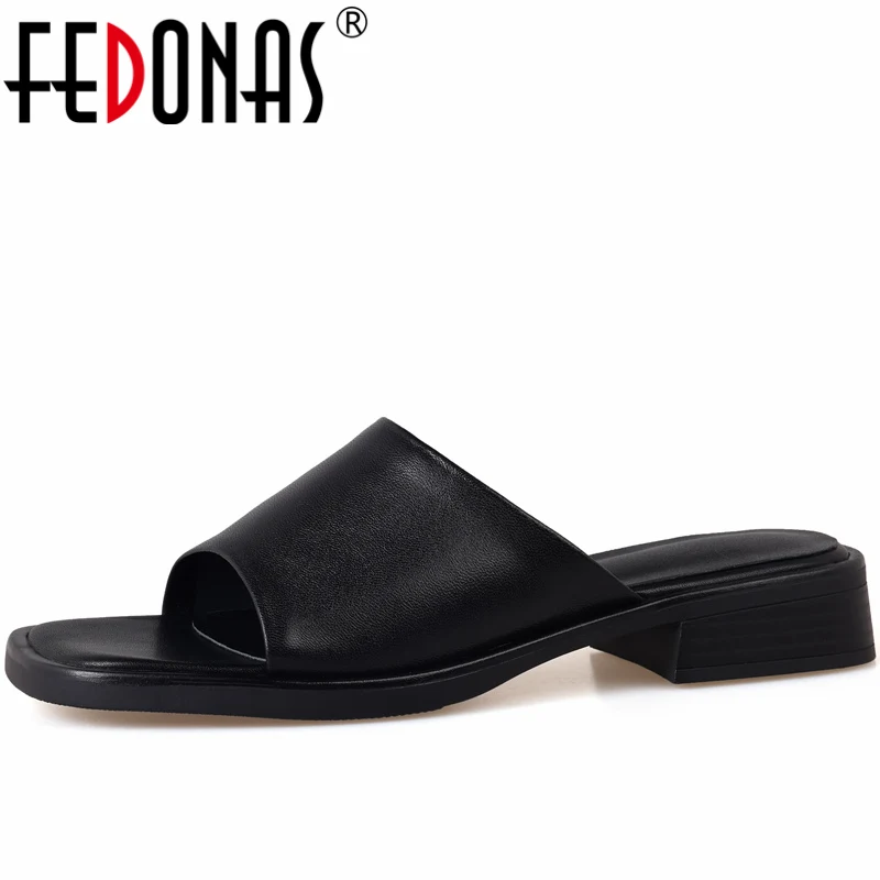 FEDONAS Fashion Chunk Women Slippers Low Heels 2023 Summer New Genuine Leather Women Sandals Concise Casual Working Shoes Woman