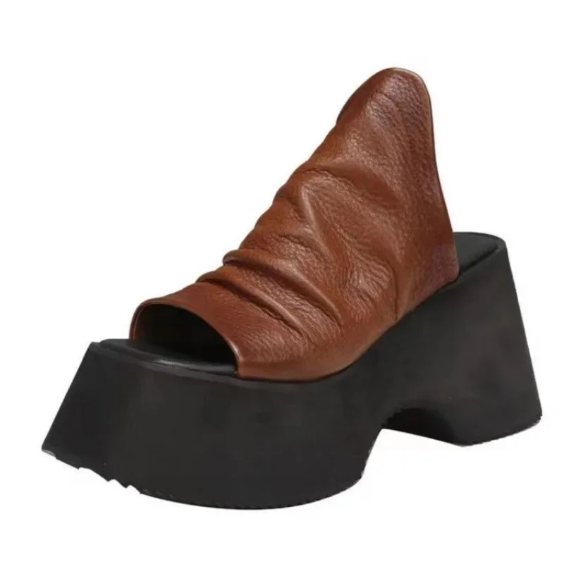 

Женские сандалии из искусственной кожи на платформе с открытым носком, на массивном высоком каблуке, летняя обувь в римском стиле, новинка 2023