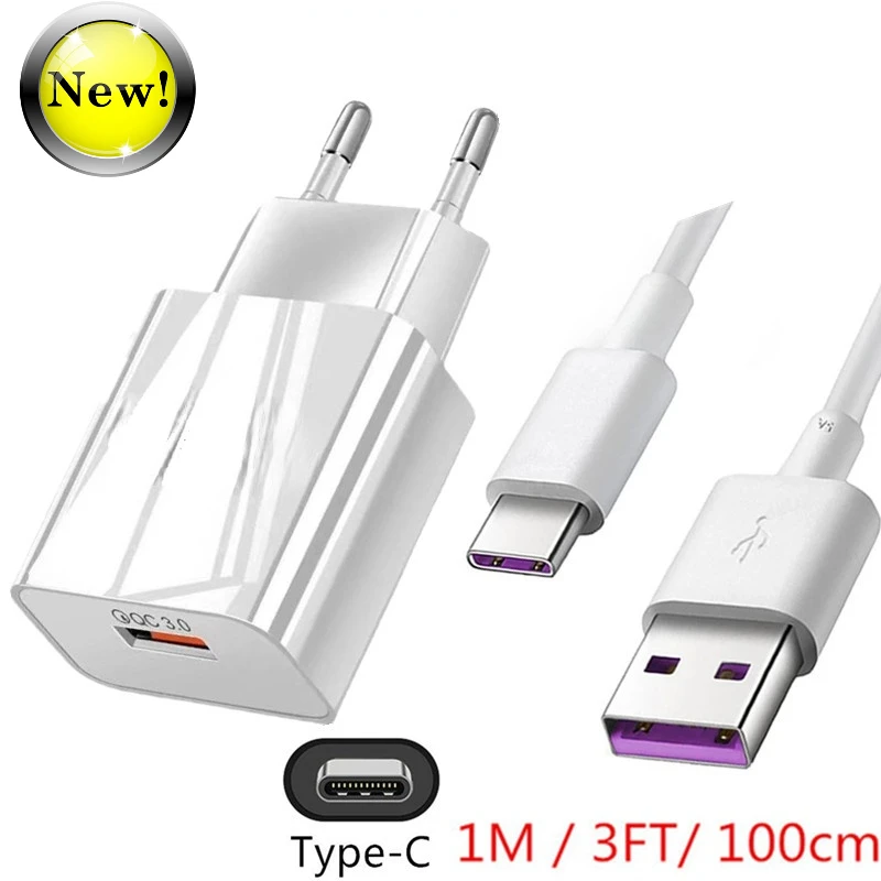 

18W 5A Fast Charger QC 3.0 USB Charger Quick Charge Type C Cable for Huawei Samsung Xiaomi Redmi Google Pixel 6 Pro EU US Plug