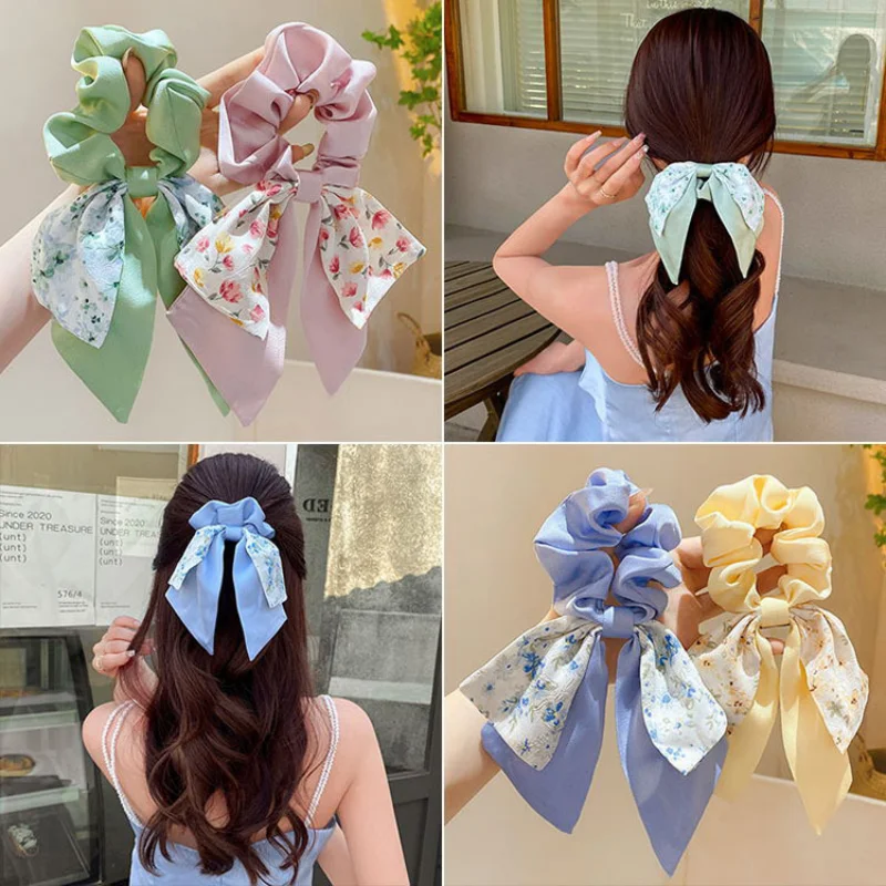 

Fashion Women Floral Print Girls Knotted Streamer Hair Ties Rubber Bands Large Intestine Circle Ponytail Scrunchies