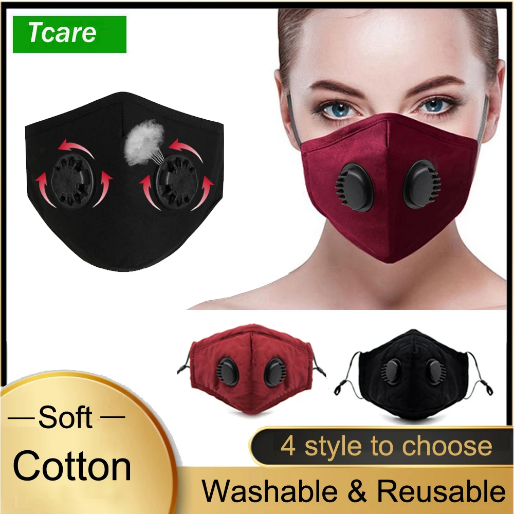 Tcare Fashion Double Breathing Valve Anti Dust Face Mouth Mask Wirh PM 2.5 Activated Carbon Filter Washable Reusable Cotton | Красота и