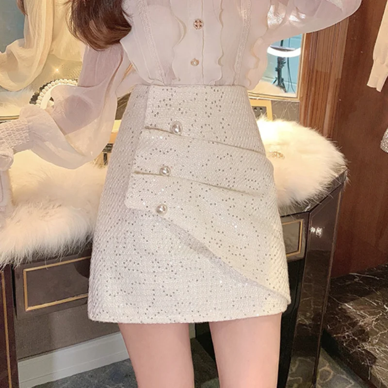 

Юбка женская твидовая плиссированная с высокой талией, приталенная короткая трапециевидная юбка с блестками, в стиле Звезд, для осени и зимы