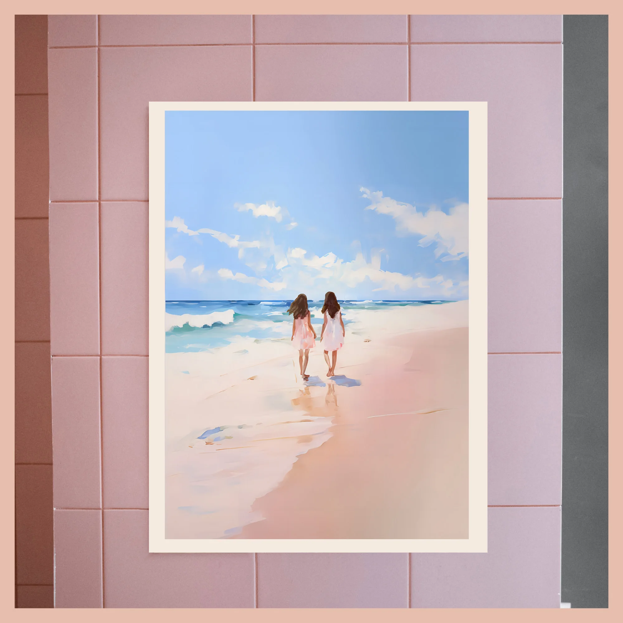 Пейзаж мечтательный розовый картина маслом маленькая девочка прогулка по морю