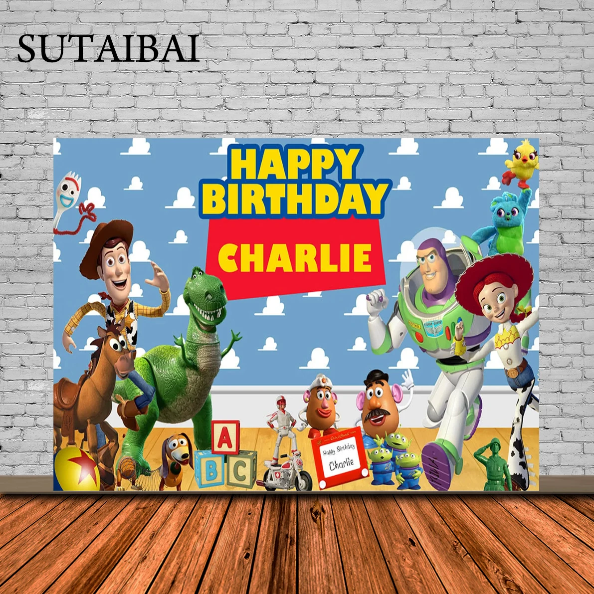 

Cartoon Toy Story Birthday Party Theme Photography Backdrops Blue Sky White Clouds Banner Kids Birthday Party Photo Background