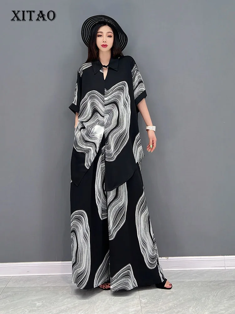 

XITAO Two Piece Set Women Fashion Half Sleeve Print Pattern Single Breast Top Elastic Waist Full Length Pants 2022 WMD6453