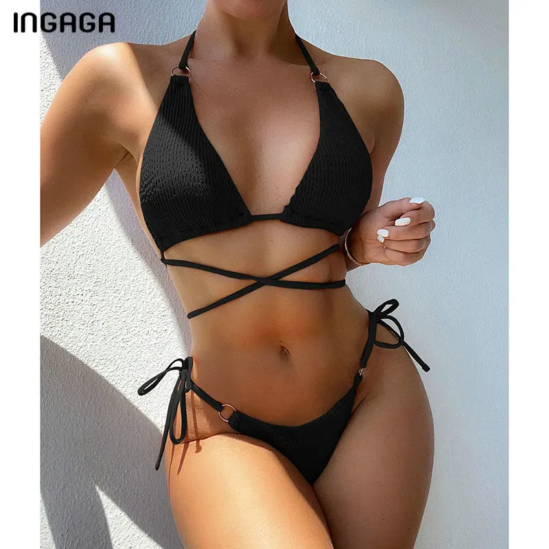 

INGAGA Ribbed Bikini Sexy Women's Swimsuits 2022 Strap Halter Swimwear Solid Bikinis Set Micro Thong Biquini Push Up Beachwear