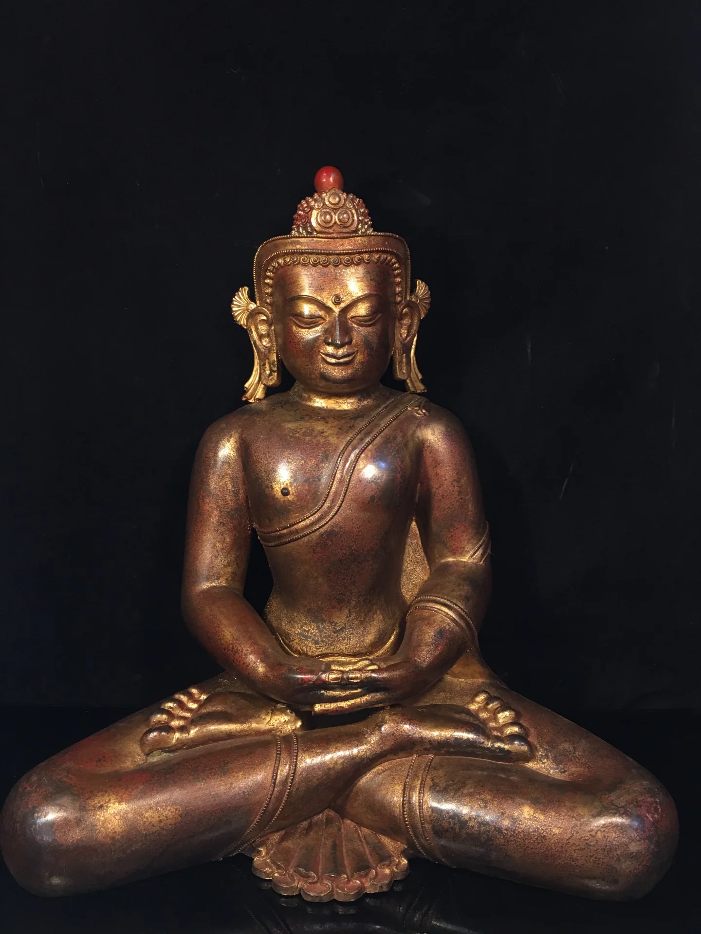 

19"Tibetan Temple Collection Old Bronze Cinnabar Gilt Amitabha Buddha Sakyamuni Lotus stage Worship Hall Town House Exorcism