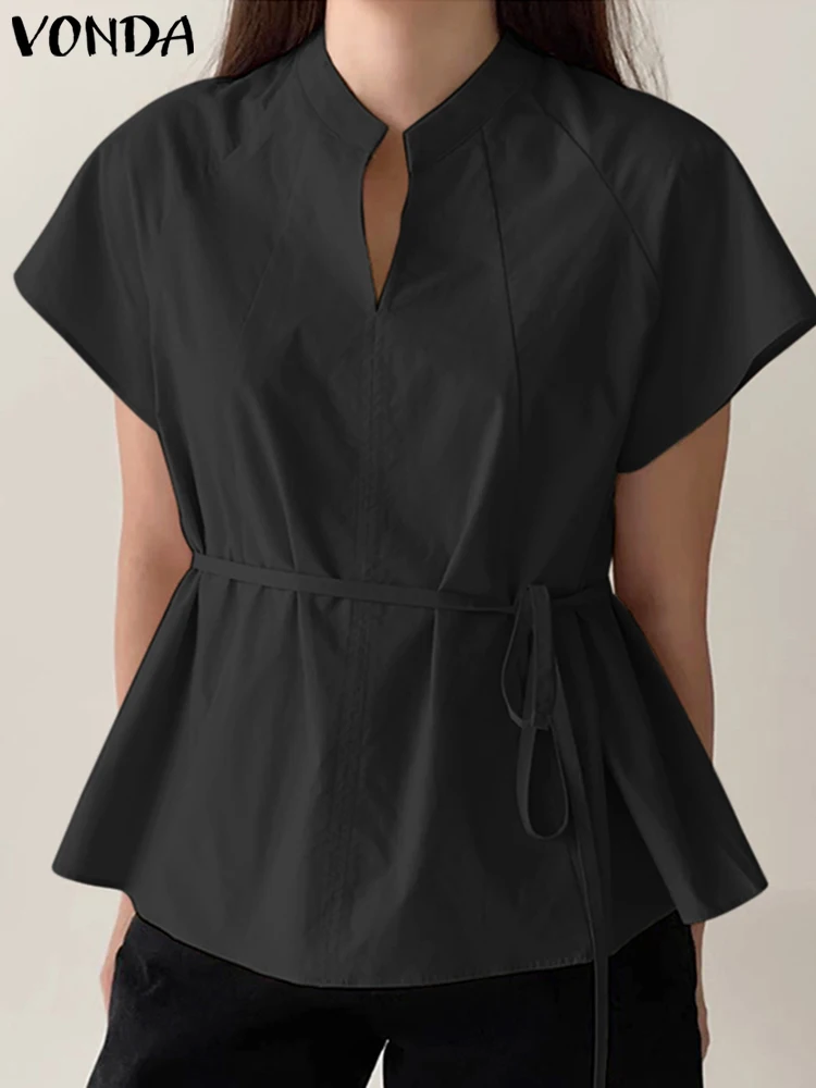 

VONDA Elegant Shirts Women Office Blouse Short Sleeve Bandage V-neck Casual Solid Color Tunic Top 2023 Summer Blusas Femininas