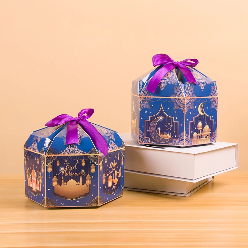 

12pcs Blue Eid Mubarak Gift Box with purple ribbon Eid Paperboard Treat Candy Box Moon Castle Eid Al-fitr Bag Ramadan Decor 2023
