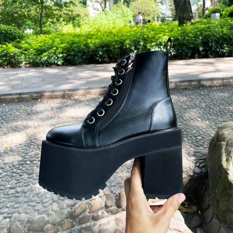 Women Platform Boots High Chunky Heel Ankle Boots Black Punk Style Lace Up Motorcycle Boot Lady Autumn Winter Shoes Big Size 43