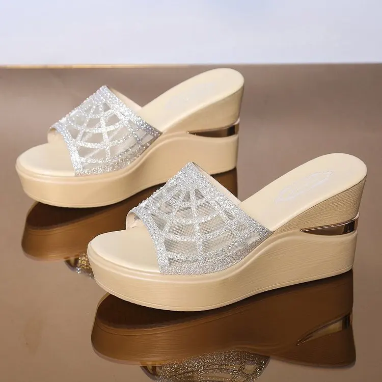 

Женские тканевые шлепанцы с блестками, пляжные повседневные шлепанцы на толстой подошве, танкетка с блестками, лето 2022