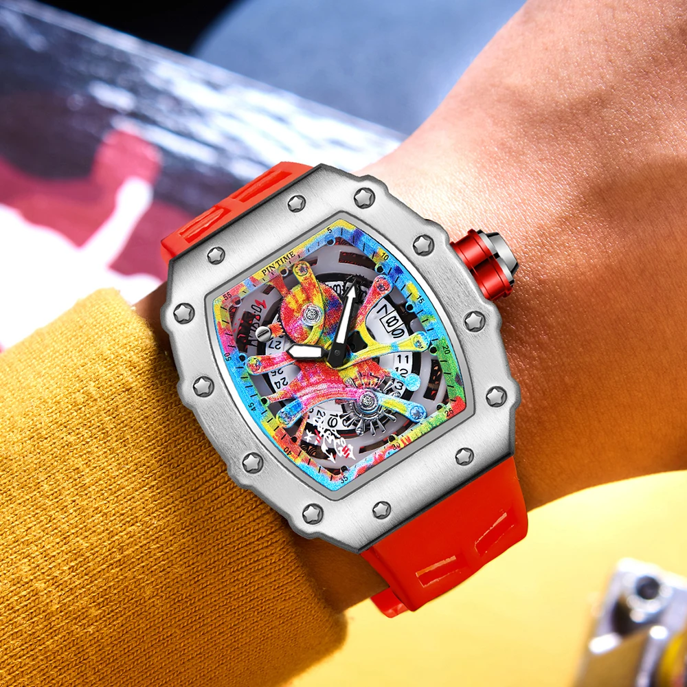 Modern Design Men Watch Sports Luminous Waterproof Military Automatic Diamond Watch for Man Boys Silicone Strap Tonneau Dial