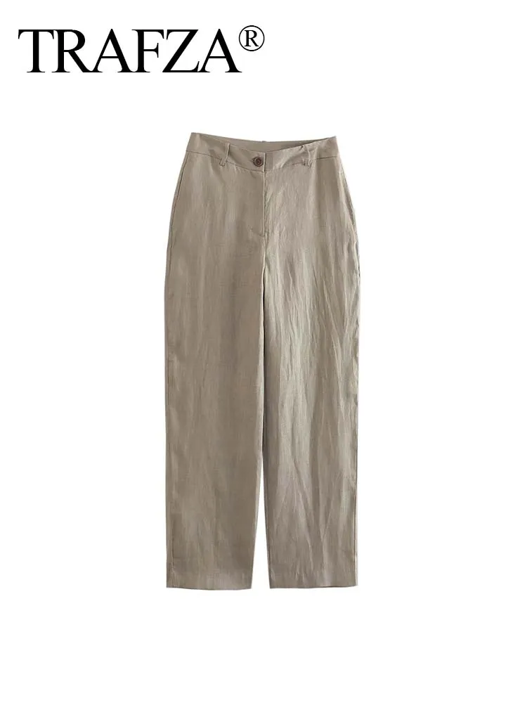 

Брюки женские льняные прямые на пуговицах, с завышенной талией