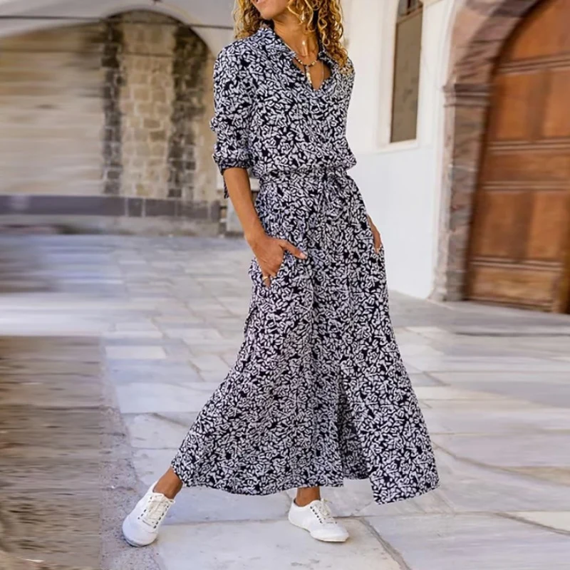 

Summer Casual Fashion Women Lace-up Long Dress Autumn Sexy V Neck Slit Party Dress Female Vintage Print Half Sleeve Shirt Dress