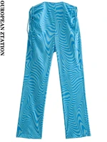 pailete women 2022 fashion printing flared satin finish trousers vintage high waist zipper fly female pants mujer
