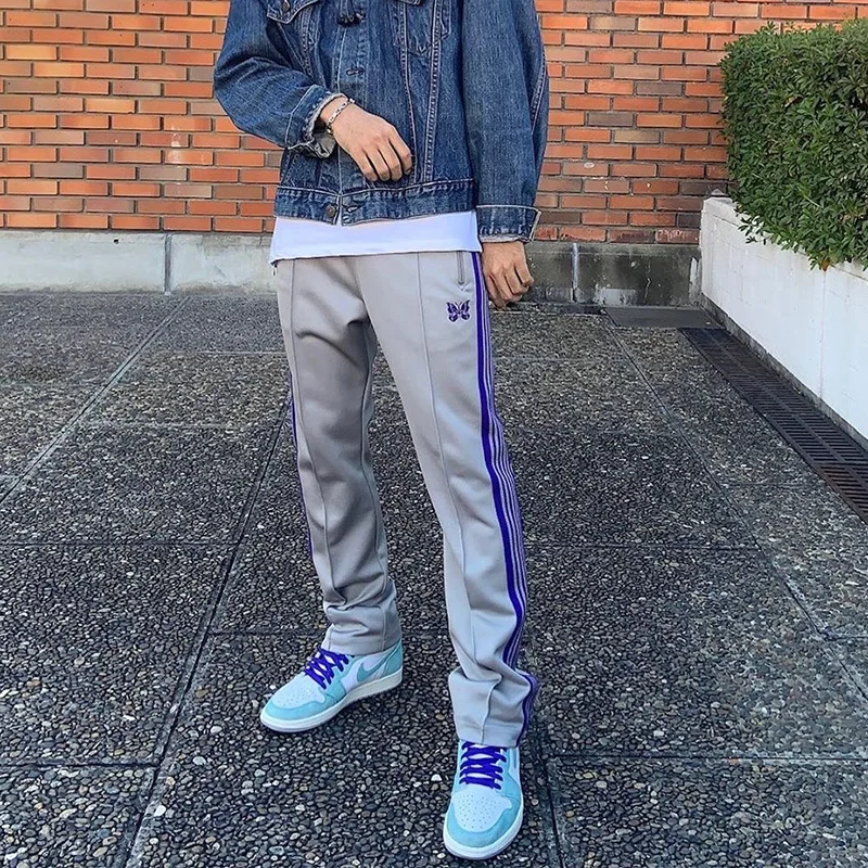 

Four Seasons AWGE Needles Pants Striped Webbing Embroidery Butterfly 100% Cotton Loose Comfortable Casual Pants Men Women