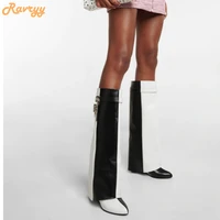 blackwhite splicing cowhide boots round toe wedges lock knee high boots women 2022 novelty fashion long boots