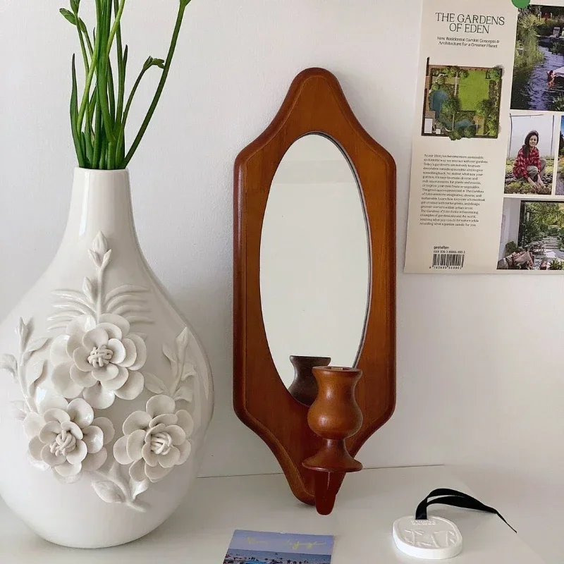 Антикварное настенное зеркало для макияжа из цельного дерева ретро подсвечник