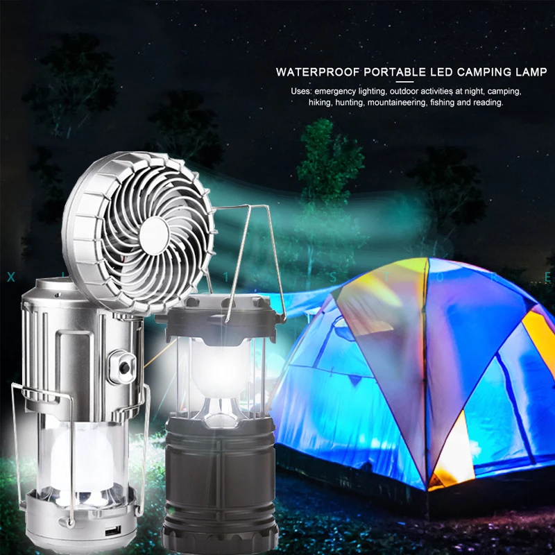 

LED Solar Camping Lights Portable with Fan Solar Charge Rechargeable Night Light Hanging Tent Fish Flashlight Multifunction Lamp