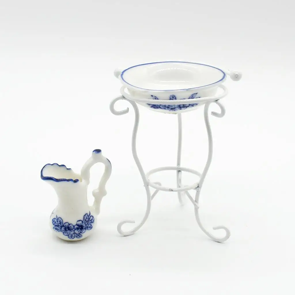 

1/12 Dollhouse Miniature Water Pot Washbasin And Rack Set for Bathroom Decor