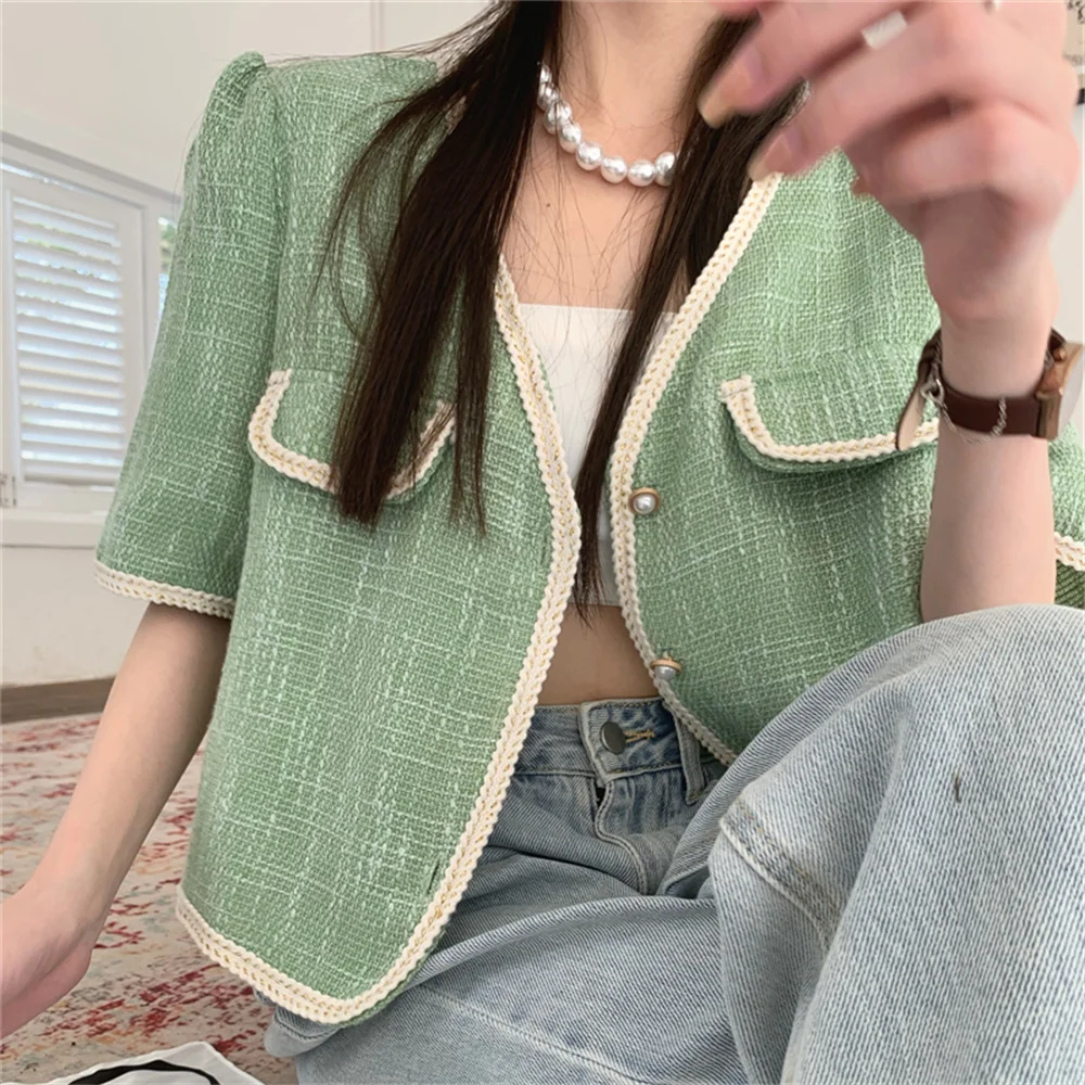 

HziriP Green Retro Coats Office Lady V-Neck Women Summer Chic Elegant Work Wear New Slim All Match Short Sleeve High Street Tops