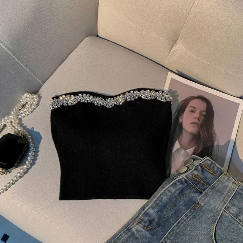 Сексуальный вязаный топ без бретелек с бриллиантами женская одежда облегающие