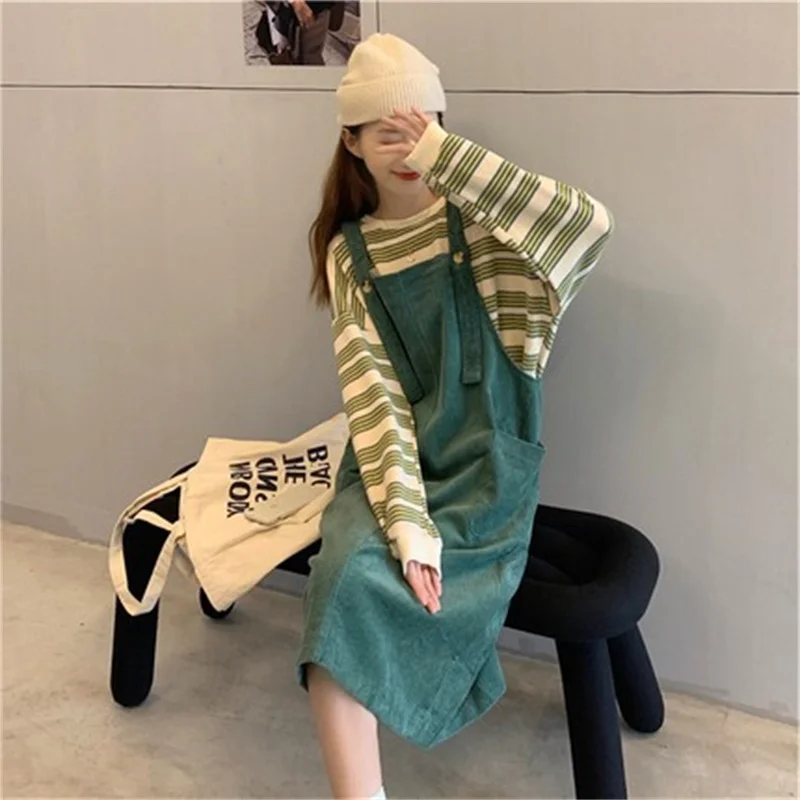 

Street Stripe Sweatshirts Suspender Strap Dress Suit Women's Clothing 2022 Spring Autumn New Slim Two-piece Suits D1617