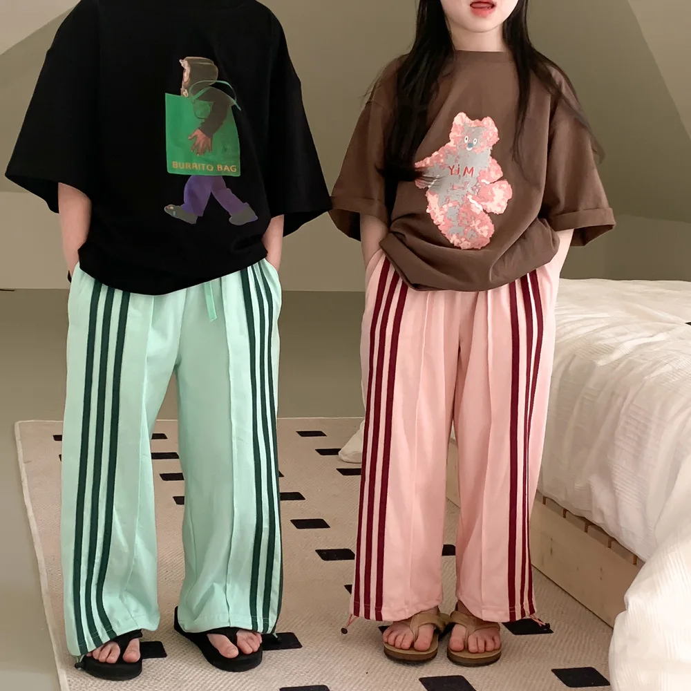 

2023 Summer New Boys Girls Casual Sports Drawstring Sweatpants Children Side Vertical Stripes Straight Pants Kids Loose Trousers