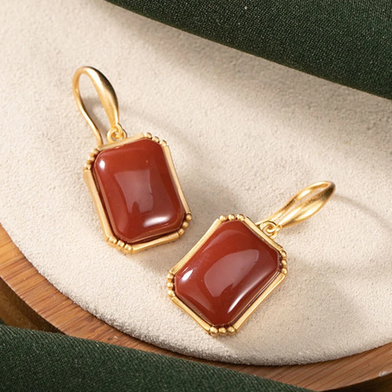 

Original new design silver inlaid geometric rectangle southern red tourmaline earrings light luxury noble ladies jewelry