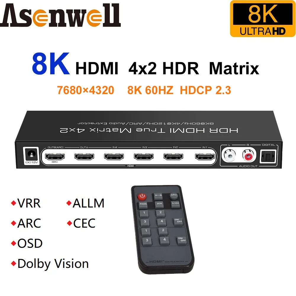 8K HDMI Matrix 4x2 Switch HDMI Splitter 4 In 2 Out 4K120Hz ARC CEC UHD HDR10+ VRR ALLM Dolby Vision OSD SPDIF 5.1 LR 2CH for PS5