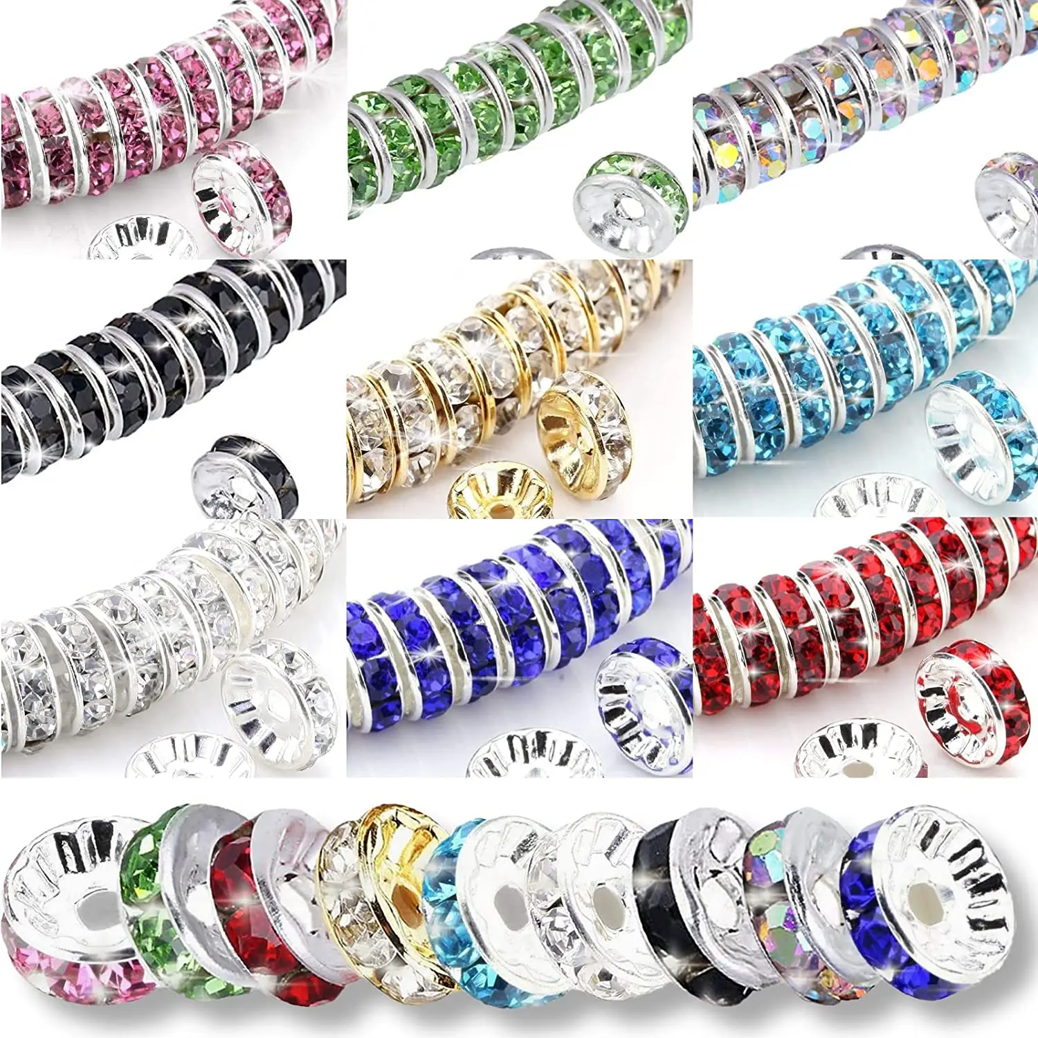 Купи 50pcs/lot 4 6 8 10mm Rhinestone Rondelle Crystal Round Loose Spacer Beads for Jewelry DIY Making Bracelet Necklace Accessories за 52 рублей в магазине AliExpress