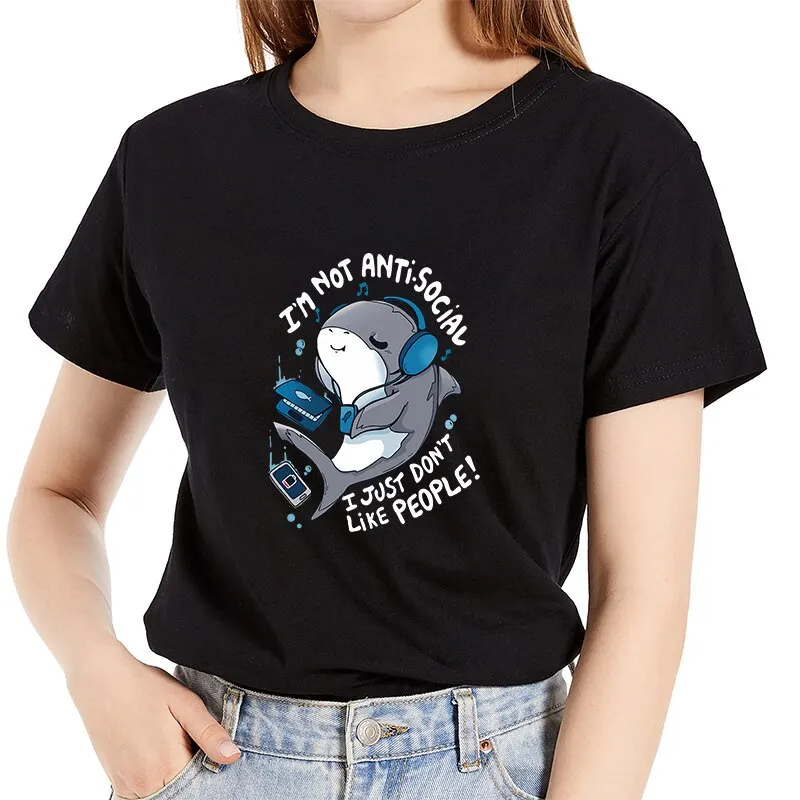 

Summer Daily Regular T-shirt Ladies Fashion Graphic 100% Cotton Short Sleeve Antisocial Shark Print Female Casual O-Neck Tee Top