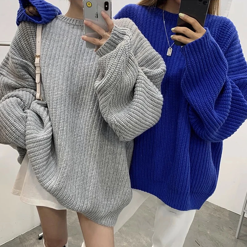 

Женский трикотажный свитер с круглым вырезом, однотонный Повседневный пуловер свободного покроя с длинным рукавом, корейский стиль, Осень-зима