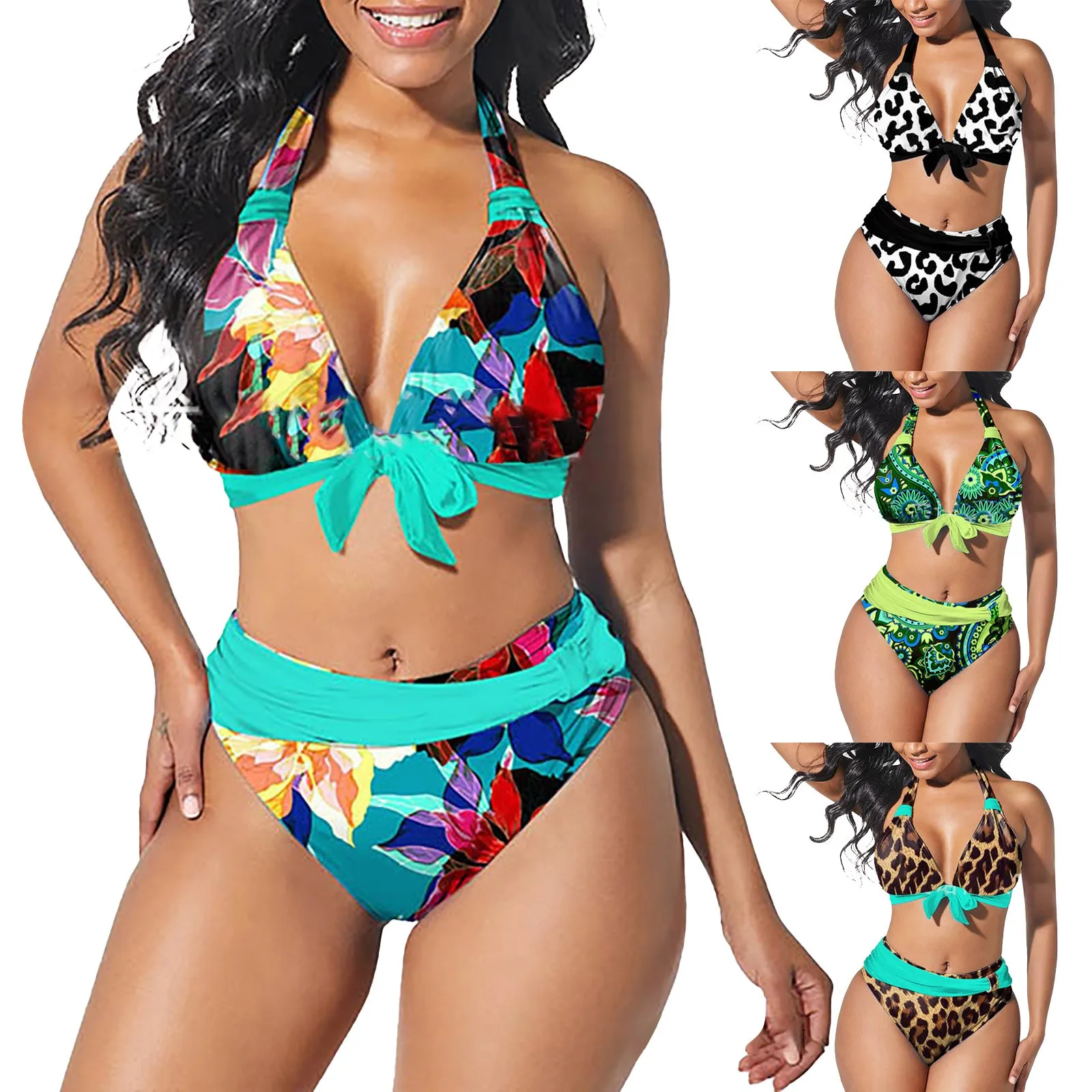 

Women's Set Print Leg High Soild Sexy Swimsuit Lace Cut Padded Thong Biquinis Female Bathing Suit Split Swimsuit Brazilian