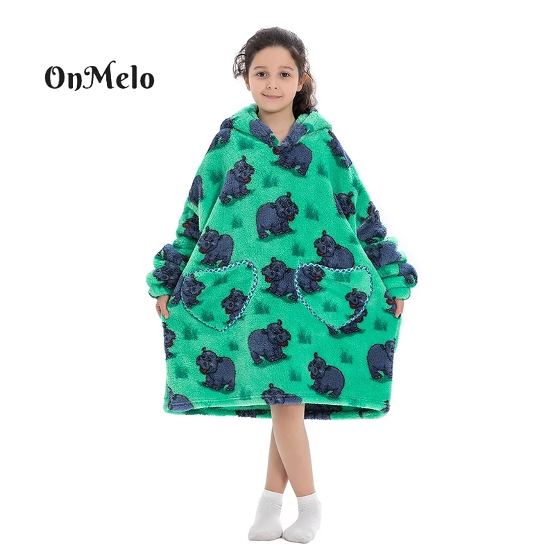 

OnMelo Oversized Flannel Hoodie Blanket Cartoon Print Childrens Cute Wearable Blankets Robe Warm Loose Hoody Winter Sweatshirt