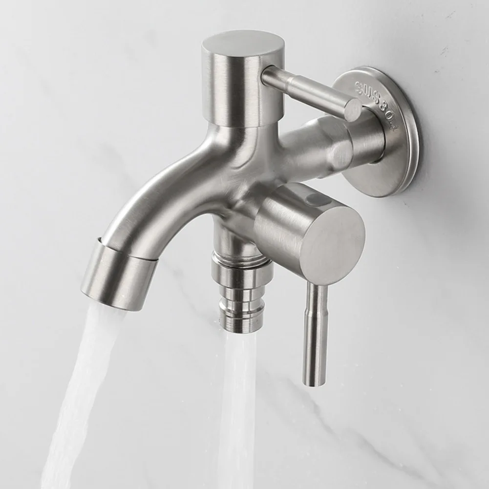 

1pc 304 Stainless Steel Double Tap Multifunctional Faucet Washing Machine Dedicated One-in-two-out Dual-water Tap Bathroom
