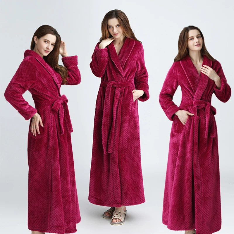 

Flannel Women Winter Warm Men Bathrobe Robe Kimono Thick Thermal Extra Dressing Long Peignoir Coral Fleece Dobby Gown Bath Bride