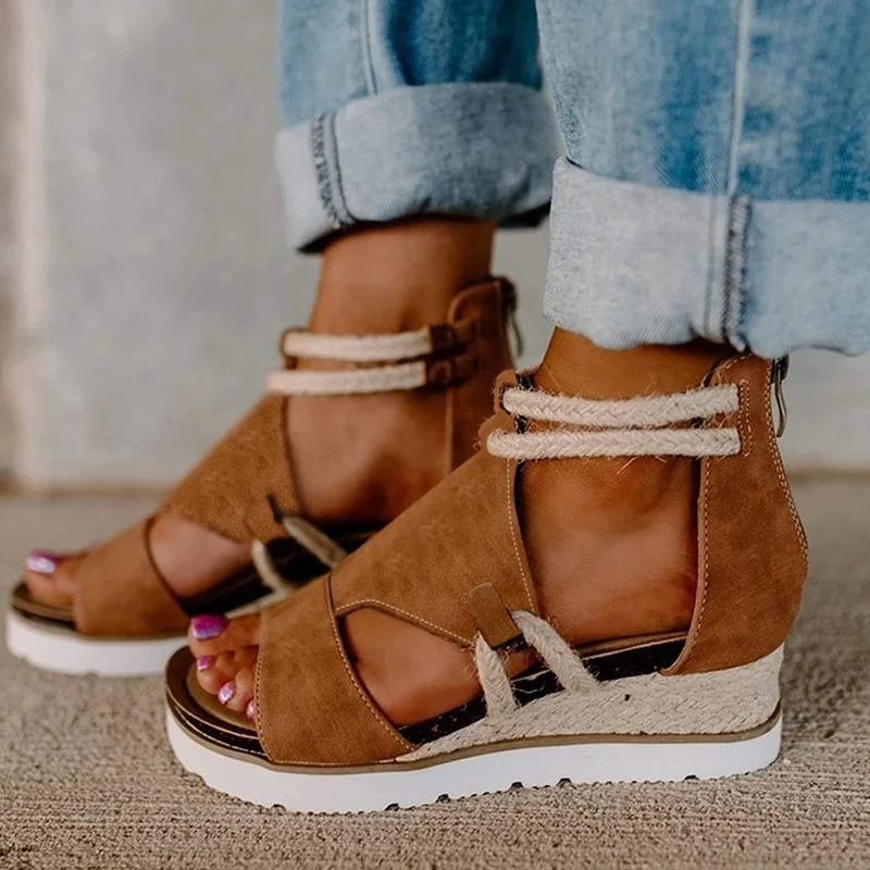 

Ladies Summer Platform Sandals Casual Open Toe Wedge ShoesWomen 2022 Fashion Simple Zipper Shoes Sandals Women Straw Women Shoes