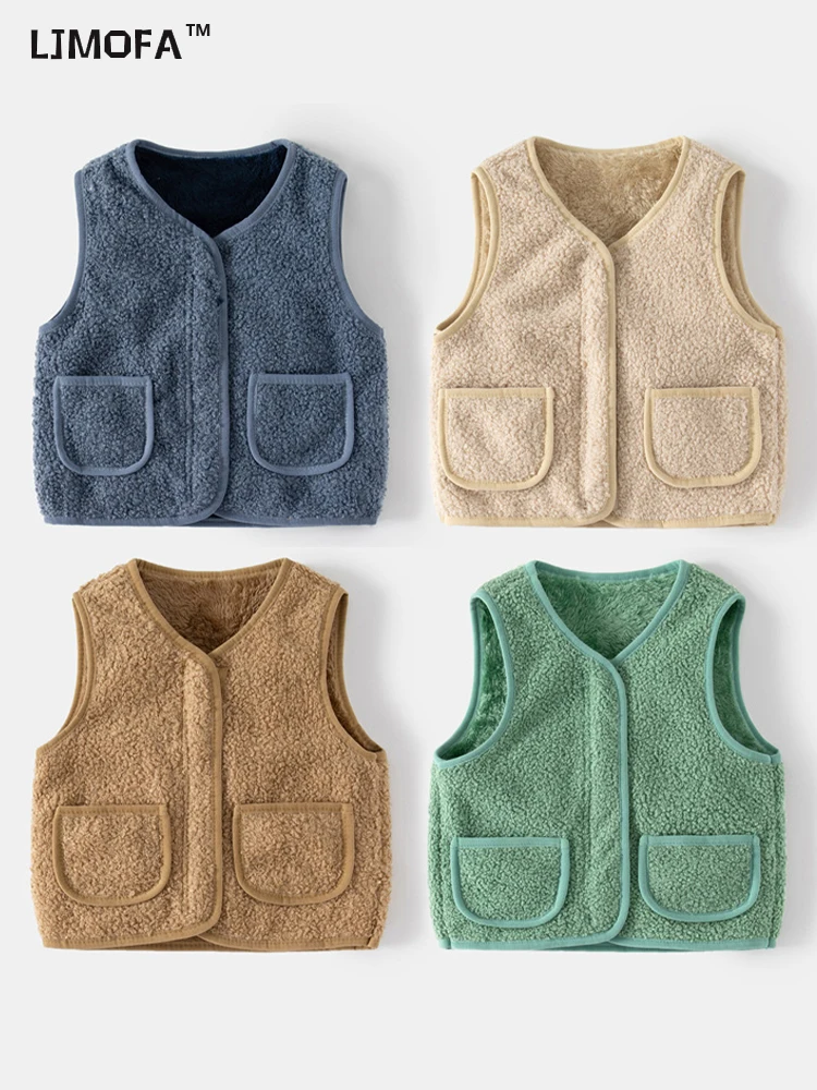 

LJMOFA Winter Warm Kids Vest For Girl Waistcoat Baby Sleeveless Lamb Wool Coat Jackets Windproof Children Thicken Outerwear D173