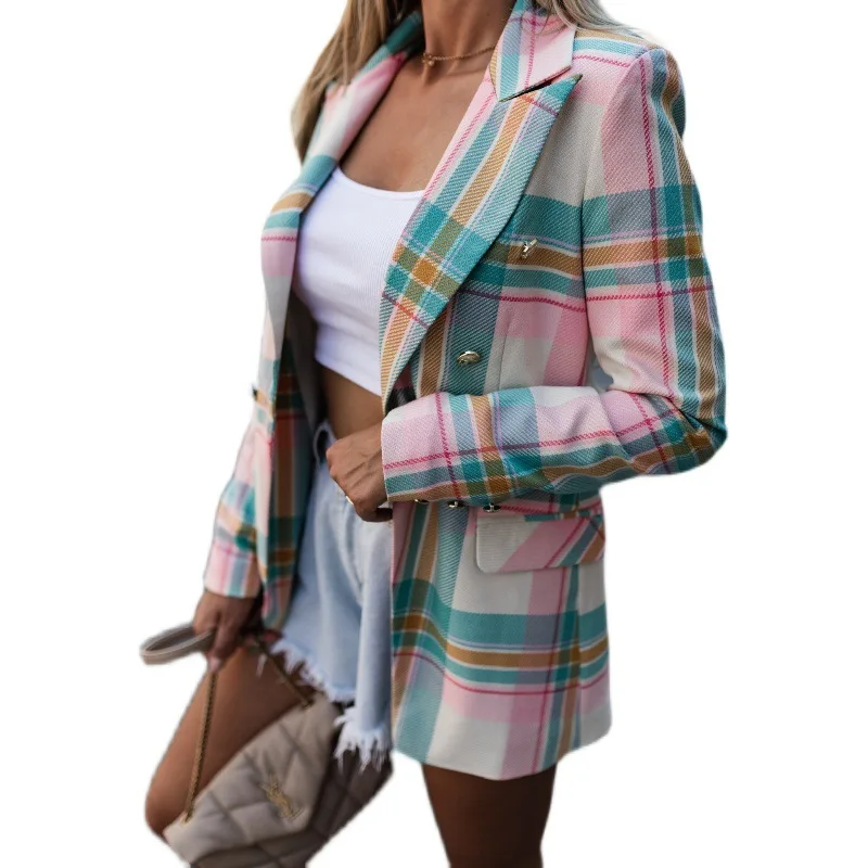 

ZITY Spring And Autumn New Blazer Ladies Commuter Long Sleeve Plaid Blazer Fashion Slim Double Breasted Button Jacket Top Women