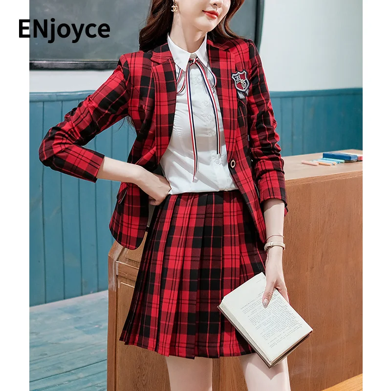 

Женский клетчатый костюм, профессиональный красный костюм в клетку, рубашка с коротким рукавом и юбка, комплект из трех предметов, Женский клетчатый костюм, униформа в студенческом стиле
