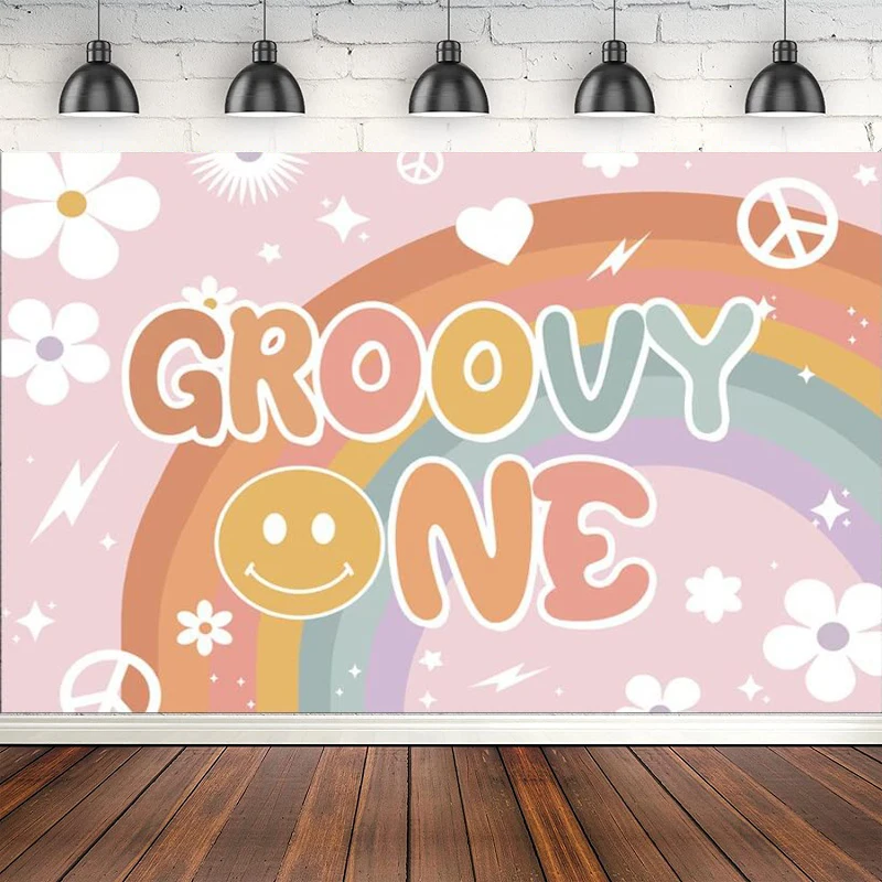 

Photography Backdrop Girl's Groovy One First Birthday 1st Rainbow Hippie Boho Party Decoration Love Flower Daisy Background