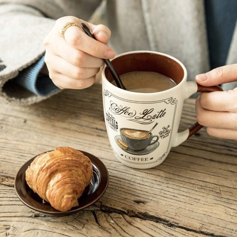 

355ml Nordic-Style Retro Ceramic Coffee Cup with Lid and Spoon Set Creative Afternoon Tea Office Mug Milk Coffee Cappuccino Mugs