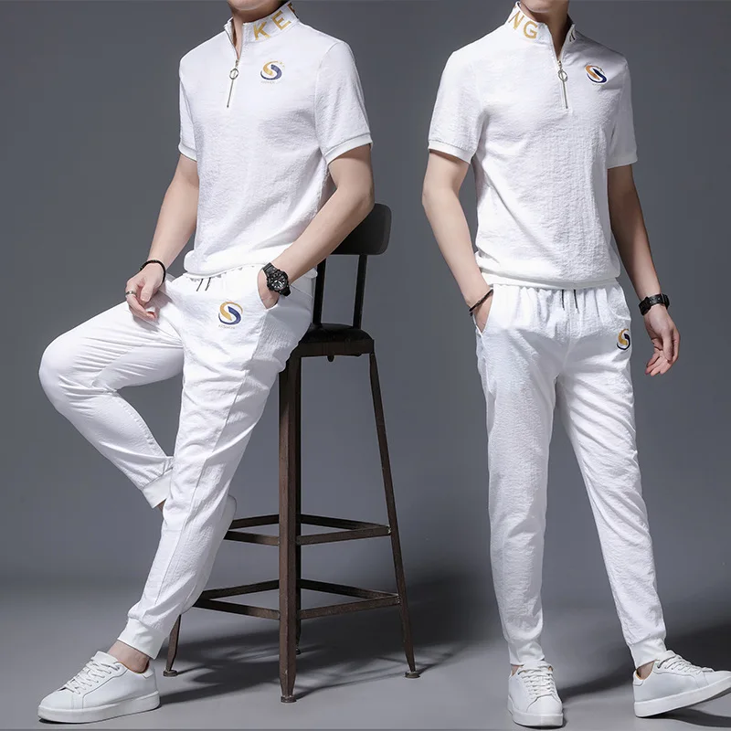 

Summer Ice Silk Sports Set Men's Fashion Leisure Fishing Outdoor Fitness Korean Edition Standing Collar