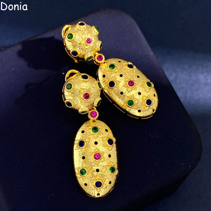 

Donia Jewelry Fashion Brushed Copper Micro-Inlaid AAA Color Zircon Oval Earrings Silver Needle Luxury Accessories