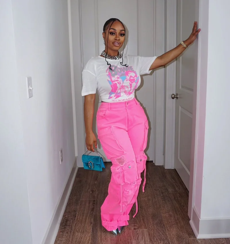 Multi Pockets Jeans Cargo Pants Women High Waist Button Fly Hole Loose Casual Streetwear Retro Fashion Denim Trousers Bottoms