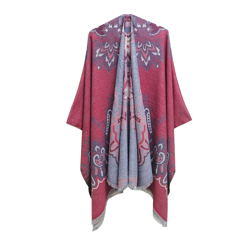 

Spring Autumn Flower Jacquard Ethnic Style Tourism Split Tassel Shawl Women Air Conditioner Poncho Lady Capes Pink Cloaks