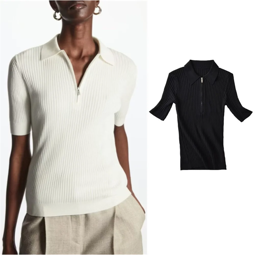 

2023 summer new solid color straight slim version cotton blended zipper five-quarter sleeve POLO shirt 1147385