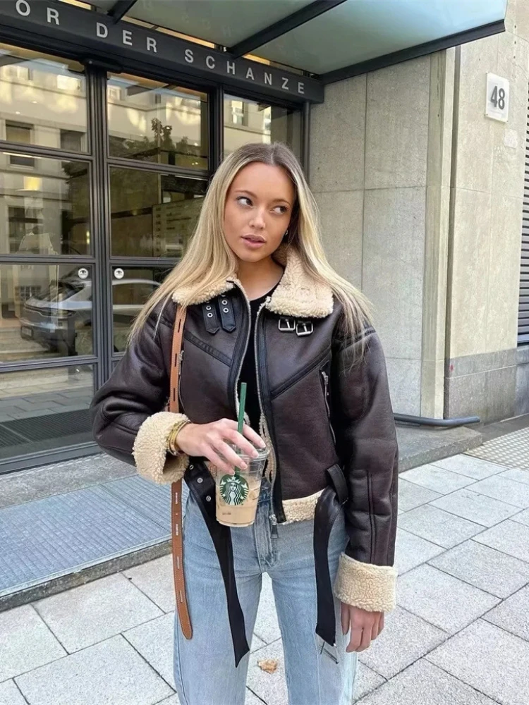 WeiYao 2023 Spring Winter Women Fur Loose Belt Warm Jacket Lamb Wool Thickened Locomotive Lapel Female Coat Brown Chic Outwear